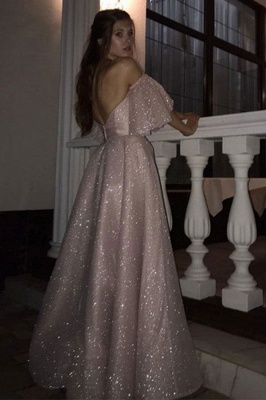 Affordable Pink Off-the-shoulder Sequined Long Prom Dresses Front Slit A-line Backless Evening Dresses_4