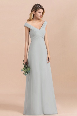 Off Shoulder V-Neck Silver Simple Wedding Dress Aling Floor Length Evening Dress_5