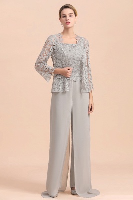 Silver Chiffon Motherr of the Bride Dress Lace Appliques JumpSuit with Long Sleeves_4