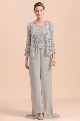 Silver Chiffon Motherr of the Bride Dress Lace Appliques JumpSuit with Long Sleeves_8