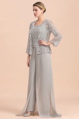 Silver Chiffon Motherr of the Bride Dress Lace Appliques JumpSuit with Long Sleeves_5
