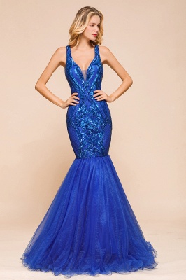 Elegant V-Neck Sequined Royal Blue Tulle Prom Dresses Sleeveless Lace Appliques Mermaid Evening Dresses_4
