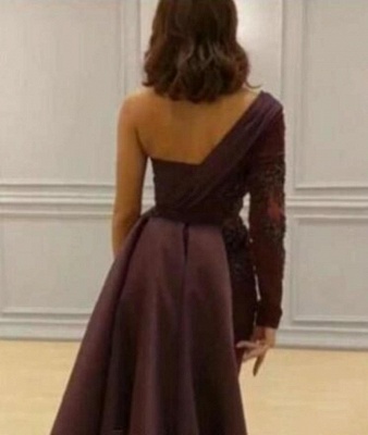 One-Shoulder Appliques Spandex Prom Dresses Open Back Evening Dresses with Waist Band_2