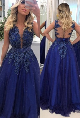 Glamorous V Neck Lace Appliqued Sleeveless Prom Dresses Royal Blue Beading Evening Gowns with Bowknot Waistband_1