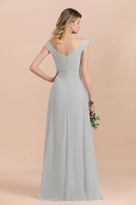 Off Shoulder V-Neck Silver Simple Wedding Dress Aling Floor Length Evening Dress_3