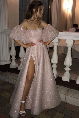 Affordable Pink Off-the-shoulder Sequined Long Prom Dresses Front Slit A-line Backless Evening Dresses_2