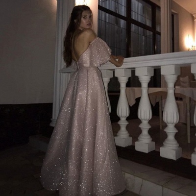 Affordable Pink Off-the-shoulder Sequined Long Prom Dresses Front Slit A-line Backless Evening Dresses_3