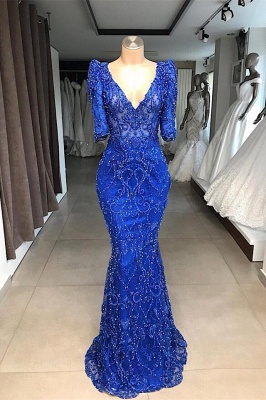 Elegant Royal Blue V-Neck Fitted Prom Dresses Half Sleeves Appliques Formal Party Dresses_1