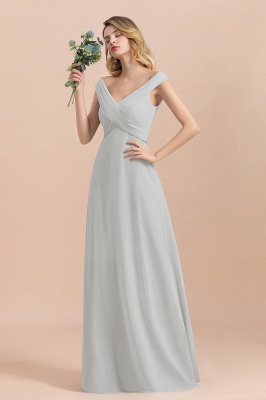 Off Shoulder V-Neck Silver Simple Wedding Dress Aling Floor Length Evening Dress_7