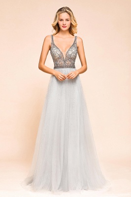 Beaded Plunging V-Neck Prom Dresses Sexy Tulle Sleeveless Evening Dresses On Sale_6