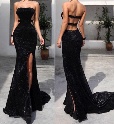 Stunning Black Tube Top Sequins Prom Dresses White Open Back Party dresses with Slit_2