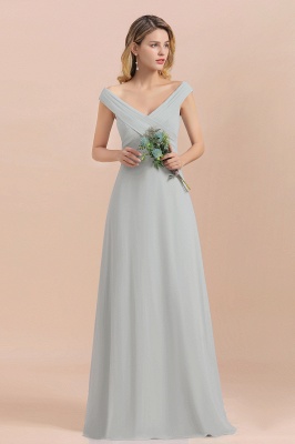 Off Shoulder V-Neck Silver Simple Wedding Dress Aling Floor Length Evening Dress_4