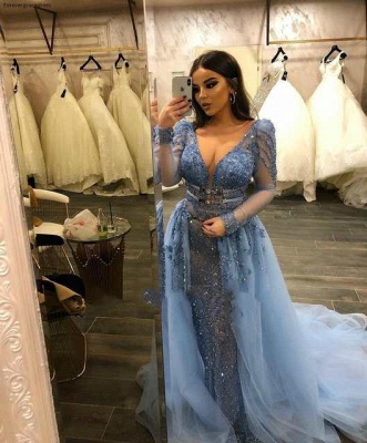 Stunning V-Neck Fitted Prom Dresses Long Sleeves Evening Dresses with Detachable Train_2