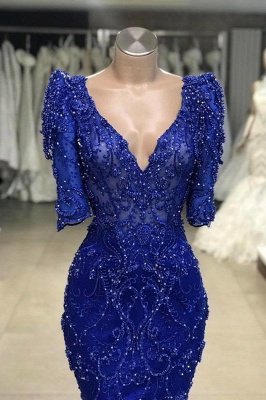 Elegant Royal Blue V-Neck Fitted Prom Dresses Half Sleeves Appliques Formal Party Dresses_2