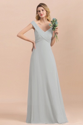 Off Shoulder V-Neck Silver Simple Wedding Dress Aling Floor Length Evening Dress_1