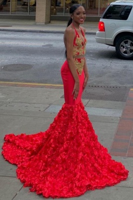 Stunning Two Piece Halter Lace Red Mermaid Prom Dress Deep V-Neck Appliques Evening Dresses On Sale_1