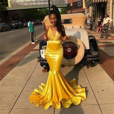 Exquisite Yellow Spaghetti Straps Lace Prom Dress V-Neck Sleeveless Appliques Party Dresses On Sale_2