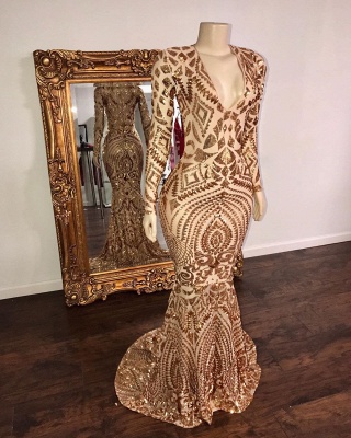 Stunning V-Neck Gold Mermaid Prom Dress Long Sleeves Rhinestones Formal Dresses On Sale_2