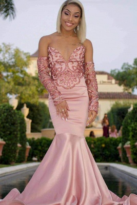 Gorgeous V-Neck Beading Pink Mermaid Prom Dress Strapless Long Sleeves Appliques Party Dresses On Sale_1