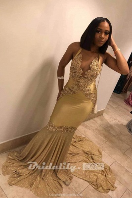 Stunning Spaghetti Straps Mermaid Gold Prom Dress Sexy V-Neck Appliques Sleeveless Formal Dresses On Sale_2