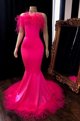 Stunning Spaghetti Straps Hot Pink Prom Dress Mermaid Sleeveless Evening Dresses with Fur Trimmed_1