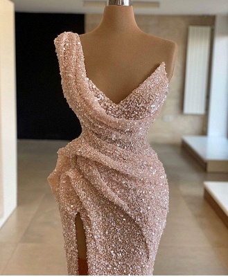 Affordable One-Shoulder Ruffle Pink Prom Dress Sparkly Sequin Front Slit Party Dresses Online_2