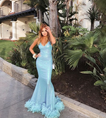 Gorgeous Spaghetti Straps V-Neck Prom Dresses Sequined Blue Mermaid Formal Dresses_3