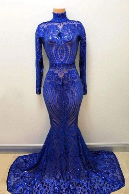 Affordable High Neck Long Sleeves Prom Dresses Crystal Beading Appliques Mermaid Evening Dresses_1