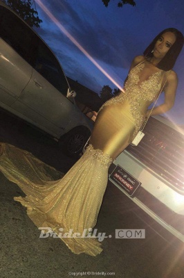 Stunning Spaghetti Straps Mermaid Gold Prom Dress Sexy V-Neck Appliques Sleeveless Formal Dresses On Sale_4