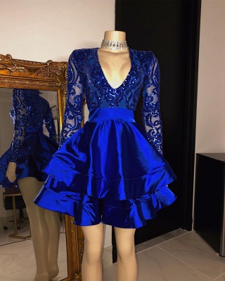 Elegant Royal Blue V-Neck A-Line Short Prom Dress Long Sleeves Knee Length Party Dresses On Sale_2