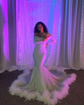 Gorgeous Off-the-Shoulder Mermaid Prom Dress Spartkly Long Sleeves Sequins Evening Dresses with Fur_2