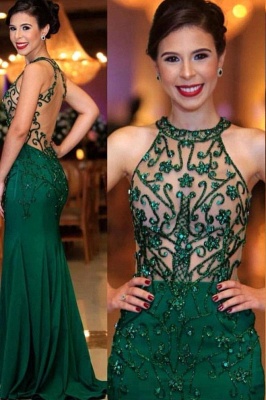 Stunning Emerald High Neck Sheer Fitted Prom Dress Sexy Sleeveless Appliques Beadings Party Dresses_1