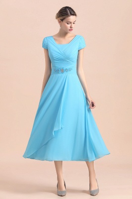 Cap sleeves Ankle-length light blue round neck chiffion mother dresses_8