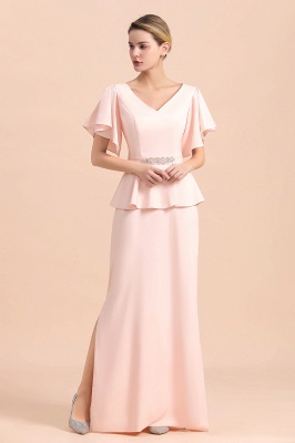 Cap sleeves V-neck Pink Two pieces Long mother of the bride dress_6