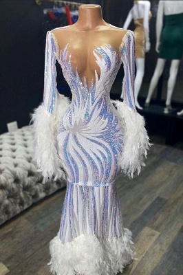 Stunning Bateau Neckline Long Sleeves Prom Dress Mermaid Feather Formal party Dresses On Sale