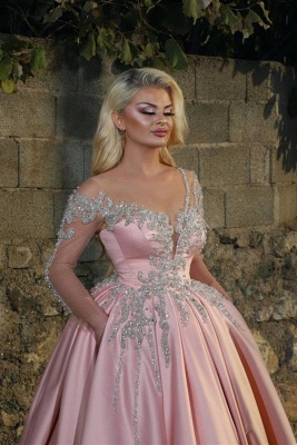 Elegant Off-the-Shoulder Pink Princess Prom Dress Long Sleeves Appliques Formal Dresses On Sale_2