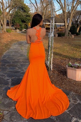 Chic Jewel Sheer Sleeveless Mermaid Prom Dress Appliques Side Slit Orange Evening Dresses On Sale_2
