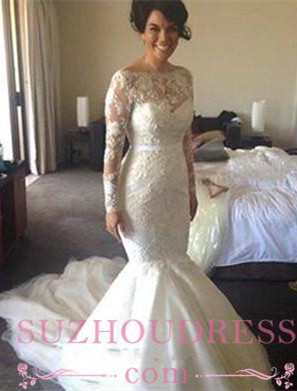Gorgeous Mermaid Long Sleeve Lace Wedding Dresses  Sheer Buttons Back Tulle Bottom Bridal Gowns_2