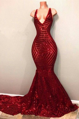 Mermaid Red Sequins Prom Dresses  V-neck Sleeveless Long Train Sexy Evening Gown BA7779_2