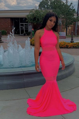 Affordable halter Hot Pink Mermaid Prom Dress Sleeveless Ruffles Party Dresses On Sale_2