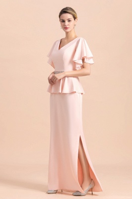 Cap sleeves V-neck Pink Two pieces Long mother of the bride dress_8
