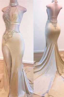 Crystal Halter Side Slit Prom Dresses | A-Line Backless Sleeveless Evening Dresses_1