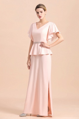 Cap sleeves V-neck Pink Two pieces Long mother of the bride dress_5