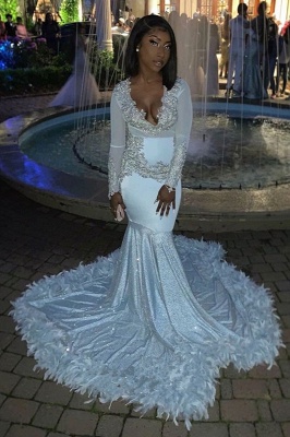 Elegant V-Neck Long Sleeves Long Prom Dress Appliques Mermaid Feather Formal Dresses On Sale_1