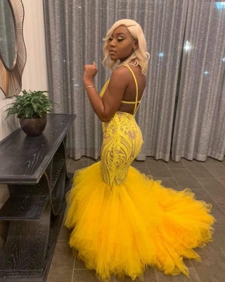 Stunning Yellow Tulle Mermaid Lace Prom Dress Spaghetti Straps Open Back Evening Dresses with Appliques_4