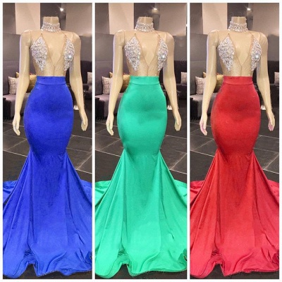 Gorgeous Halter V-Neck Prom Dress Mermaid Long Evening Gowns With Rhinestons_2