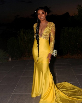 Gorgeous Jewel Long Sleeves Mermaid Long Prom Dress Appliques Sheer Yellow Evening Dress with Sweep Train_2