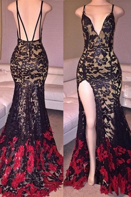 Sexy Mermaid V-Neck Lace Evening Gowns Latest Open Back Split Party Dresses MQ0