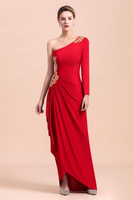 One shoulder long sleeves red pleats Plus size Mother of the bride dress_5