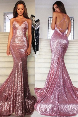 Rose Pink Mermaid Sequins Party Dresses Spaghetti Strap Long Evening Gowns AE0124_2